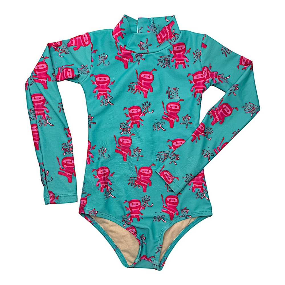 Mott 50 Toddler‎ Girls Swimsuit Sz 2 Green Pink One Piece Zip Long Sleeve UPF50